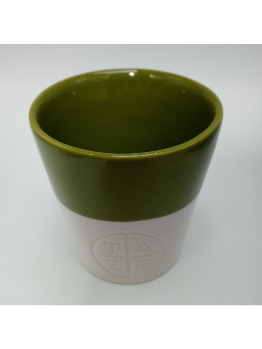 Starbucks Tazo Retired 2011 Mug Green White Slanted Top Handleless Tea Cup 8 oz